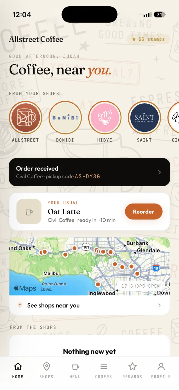 Allstreet Coffee app home screen with the customer's usual order, a pickup code, and a map of nearby shops